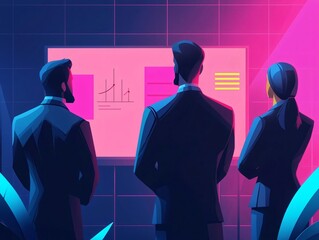 Poster - Business professionals analyzing data on a screen in a modern, colorful environment. Ideal for corporate presentations.
