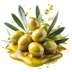 Wall Mural - Natural Olive Oil Droplets with Scattering Olives with No Background. Perfect for: Mediterranean Festivals, Farmer's Markets, Organic Food Events