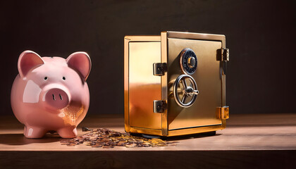 Poster - A piggy bank sits beside a golden safe, with coins spilling out, symbolizing savings, security, and financial growth.
