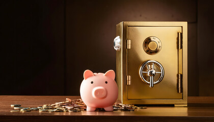 Poster - A pink piggy bank sits beside a shiny gold safe, set on a wooden surface with scattered coins, symbolizing savings and financial security.