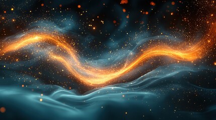Poster - Abstract swirling patterns of vibrant orange and blue particles create a cosmic atmosphere with a dreamlike quality reminiscent of outer space
