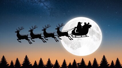 santa is flying through the night sky under the christmas forest. santa sleigh driving over a line d