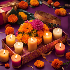 Wall Mural - Diwali Gift Box with Candles and Flowers