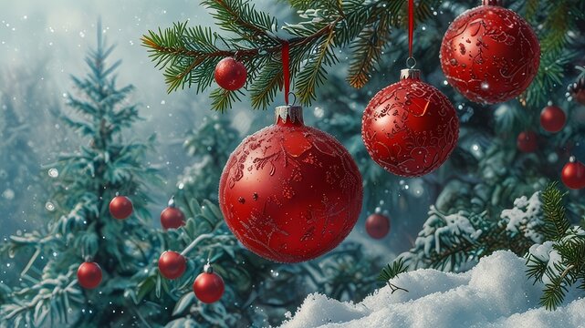 Christmas and new year holidays concept. Red balls on fir branches, winter snowy backdrop. festive winter season background. template for design. banner, copy space