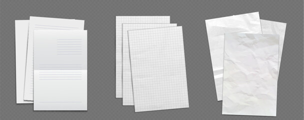Poster - different paper sheets set on grey background. lined notebook pages, squared grid templates and crum