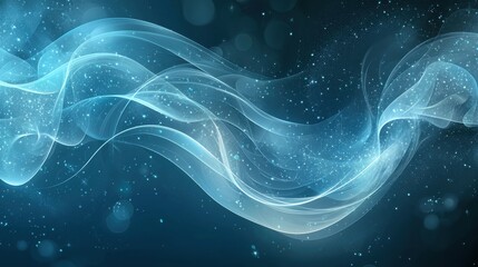 Poster - Abstract swirling blue waves with sparkling particles in a dark background representing fluid motion and ethereal beauty
