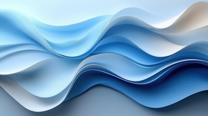 Poster - Abstract blue waves created with layered paper in soft shades, showcasing fluid patterns and gradients on a light blue background