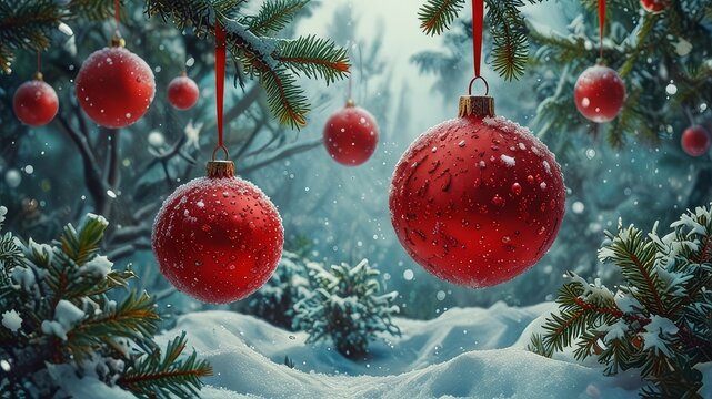 Christmas and new year holidays concept. Red balls on fir branches, winter snowy backdrop. festive winter season background. template for design. banner, copy space