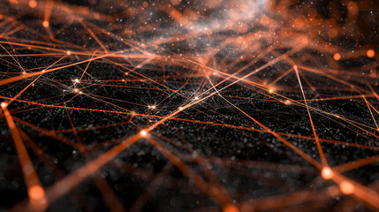 Vivid, radiant abstract network of paths and nodes against a dark backdrop, embodying the landscape of emerging technologies, data systems, AI applications, and IT evolution