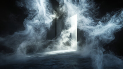mystical smoke swirling from a mysterious door in the darkness abstract surreal afterlife heavenly f