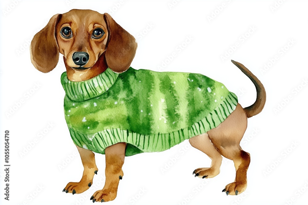Dachshund Christmas dog in a green sweater watercolor Stock Photo ...