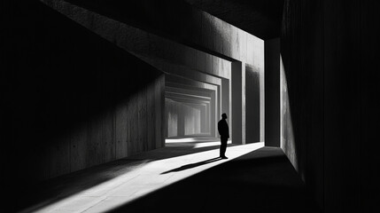 Abstract noir geometric architecture hallway a single man silhouette black and white with light shadows angles lines negative space copy space mental health illness depression loneliness concepts	