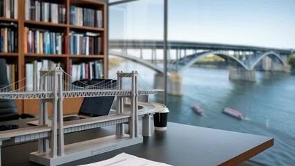 Poster - A model bridge on an office desk with a river and bridge view in the background.