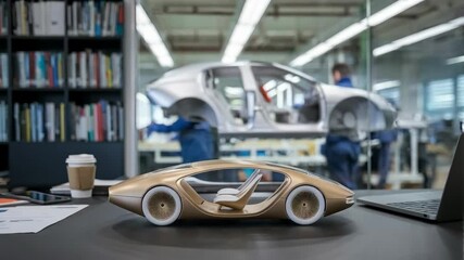 Poster - A futuristic car model on a desk with a vehicle prototype in the background.