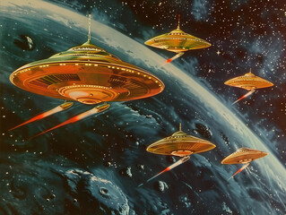 retro space alien flying saucers zooming through outer space 1960s campy fun color tv show kids cart