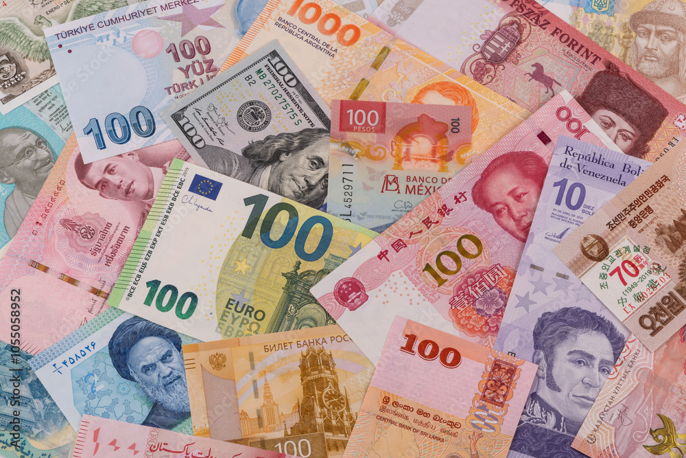 Many banknotes from different countries of the world of different