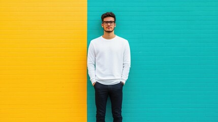 Stylish young man standing in front of a vibrant colorful urban mural posing for a social media photo or content creation  The deep depth of field and modern casual outfit add to the contemporary