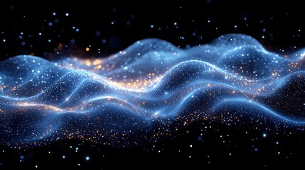 Poster - A mesmerizing abstract representation of glowing waves filled with sparkles and luminous particles against a dark background
