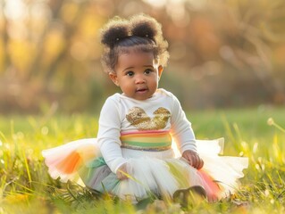 Canvas Print - A little girl in a rainbow tutu sits in a grassy field. AI.