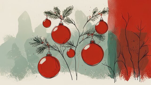 Christmas and new year holidays concept. Red balls on fir branches, winter snowy backdrop. festive winter season background. template for design. banner, copy space