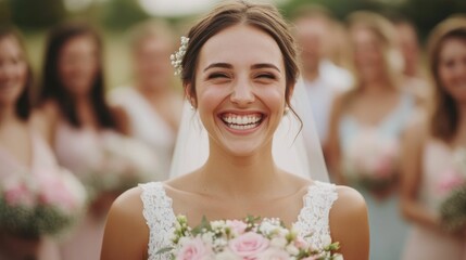 Joyful bride in a beautiful white wedding gown and veil tosses her floral bouquet to a crowd of eager guests at a festive outdoor wedding smiling and laughing with delight