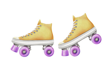 A pair of retro style roller skates in yellow acid color with white laces and purple wheels in a movement as a symbol of 80s 90s,nostalgia and youth.Watercolor illustration isolated on white