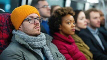 Commuters sit side by side each lost in their own contemplative thoughts as the urban scene outside the bus windows blurs in the depth of field