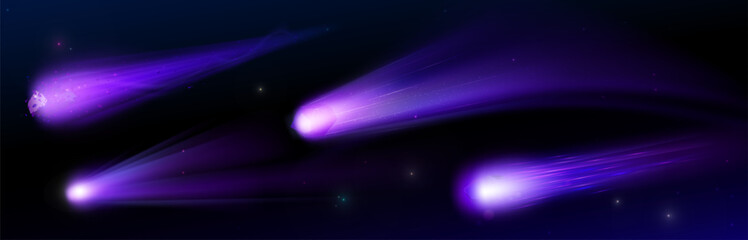 Wall Mural - purple star light trail magic effect. comet or meteor fire vector. 3d space game ball with neon tail