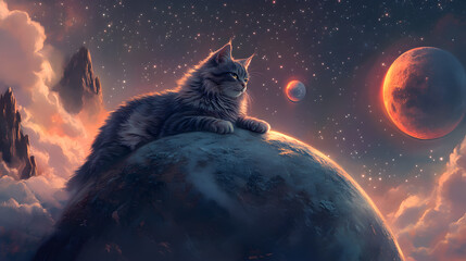  A gray tabby cat sits on a floating planet in space, looking out at a red planet and a moon.