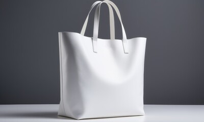 A stylish white tote bag displayed on a minimalistic surface against a dark backdrop, exemplifying modern design