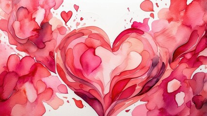 a vibrant and fluid abstract watercolor heart background, with shades of pink and red blending toget
