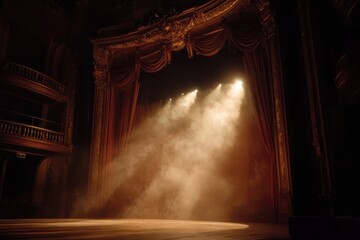 Dramatic spotlight beam illuminating empty grand opera stage with atmospheric smoke effects and ornate backdrop decorations, capturing theatrical ambiance in warm golden lighting