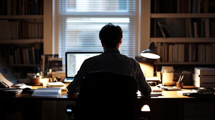 Poster - Person Working at Desk with Computer in Dim Light