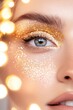 © SERHII - Sparkling eye with gold glitter eyeshadow surrounded by glowing bokeh lights. perfect for beauty, makeup inspiration, and festive glamour.