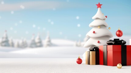 festive christmas tree with gifts and ornaments on snowy landscape background. capturing holiday spi