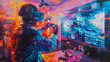 © panyawatt - Capture the fusion of Futuristic Technologies and Personal Life in a traditional oil painting Show a household scene with holographic interfaces and drones, using vibrant colors to highlight the contr