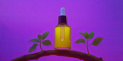 A glass bottle of serum with a dropper sits on a wooden branch between two green plant sprigs on a vibrant purple background.