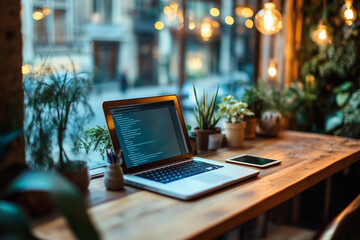 Poster - laptop is open on a wooden desk with a view of a window and potted plants. The laptop is displaying a message on the screen, and the plants add a touch of greenery to the scene