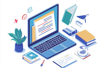 Poster - laptop is on a table with a potted plant and several books. the laptop screen is open to a document.