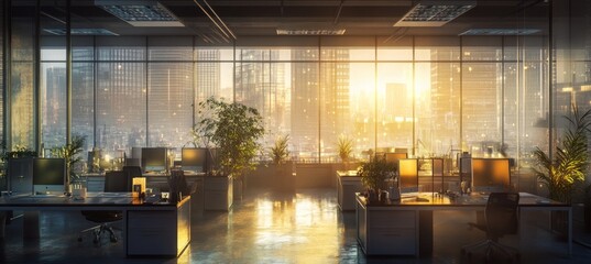 Wall Mural - Modern Office Space with City Views at Sunrise