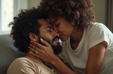 Wall Mural - Couple sharing a tender moment indoors, embracing each other affectionately while enjoying a quiet afternoon together