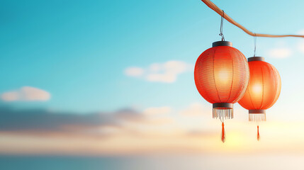 Wall Mural - Vibrant red lanterns illuminating the sky at sunset a captivating evening scene of tranquility and culture