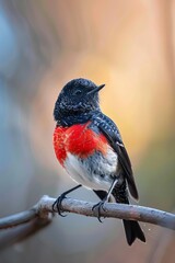 Wall Mural - A small, colorful bird with a black head, red breast, and white belly perches on a branch.