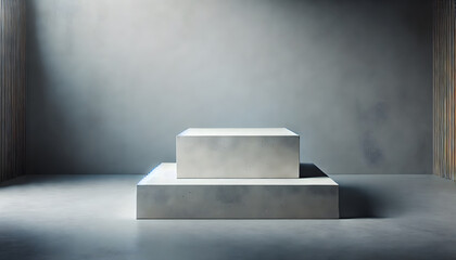 Fototapete - A minimalist space featuring two rectangular stone-like structures on a polished floor against a plain wall, conveying simplicity and calm.