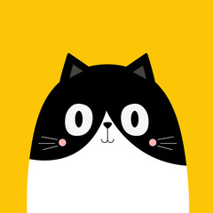 Wall Mural - Cute happy cat face head. Funny kitten. Black White silhouette icon. Kawaii pet animal. Happy Halloween. Cartoon funny baby character. Childish style. Flat design. Yellow background. Vector