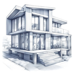 Modern private house construction plan pen drawing on white background.