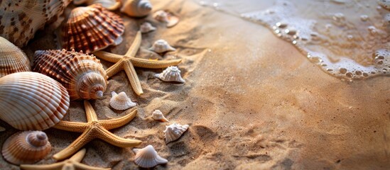 Wall Mural - A summer theme featuring sea shells or starfish on a table backdrop with room for text in the image. Copy space image. Place for adding text and design