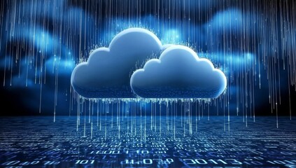 Poster - Cloud-Based Security Concept with Dark Blue Background, Glowing Lines Connecting Clouds and Mainframe Cluster