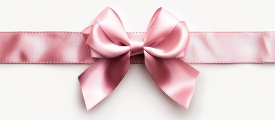 Close up pink satin ribbon bow on white background with copy space image evokes gift birthday and celebration themes exemplifying minimal and card simplicity