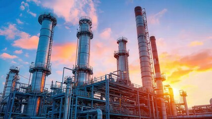 A vibrant sunset behind industrial smokestacks and refinery equipment, symbolizing energy production and technological advancement.